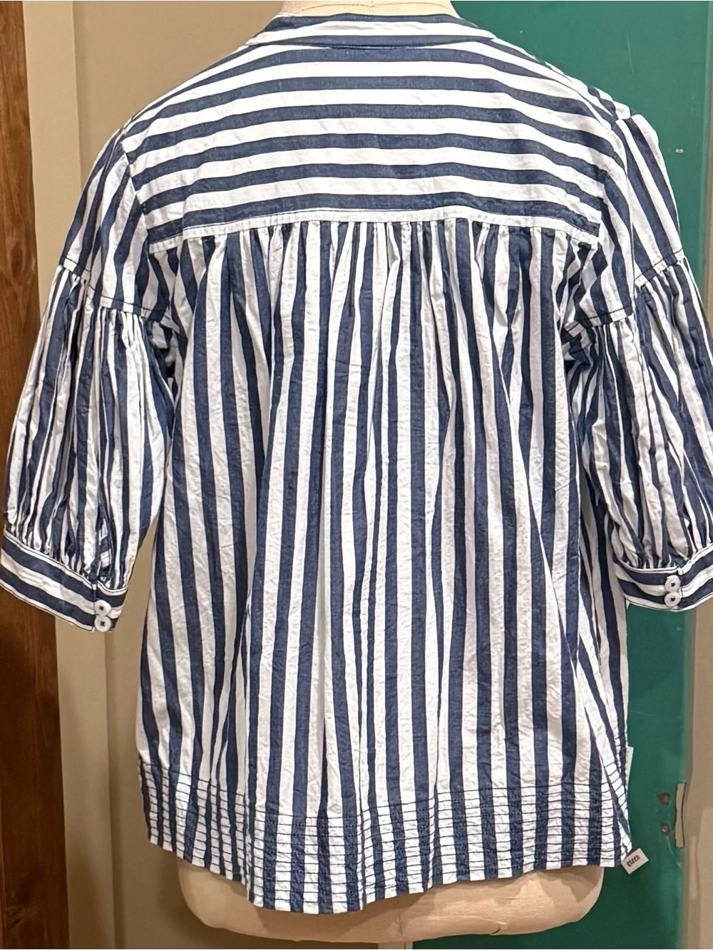 Anthropologie The Darcy Stripped Navy and White V-Neck Puff Sleeve Top